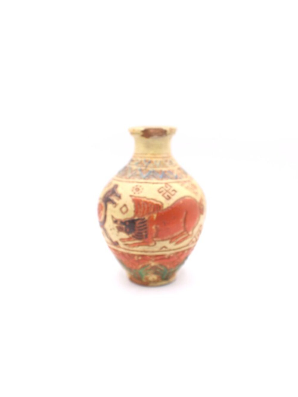 Animal Motif Pottery Jug Vase Geo Signed Rustic Decor 6" H Small Chip Red Clay - Picture 3 of 12